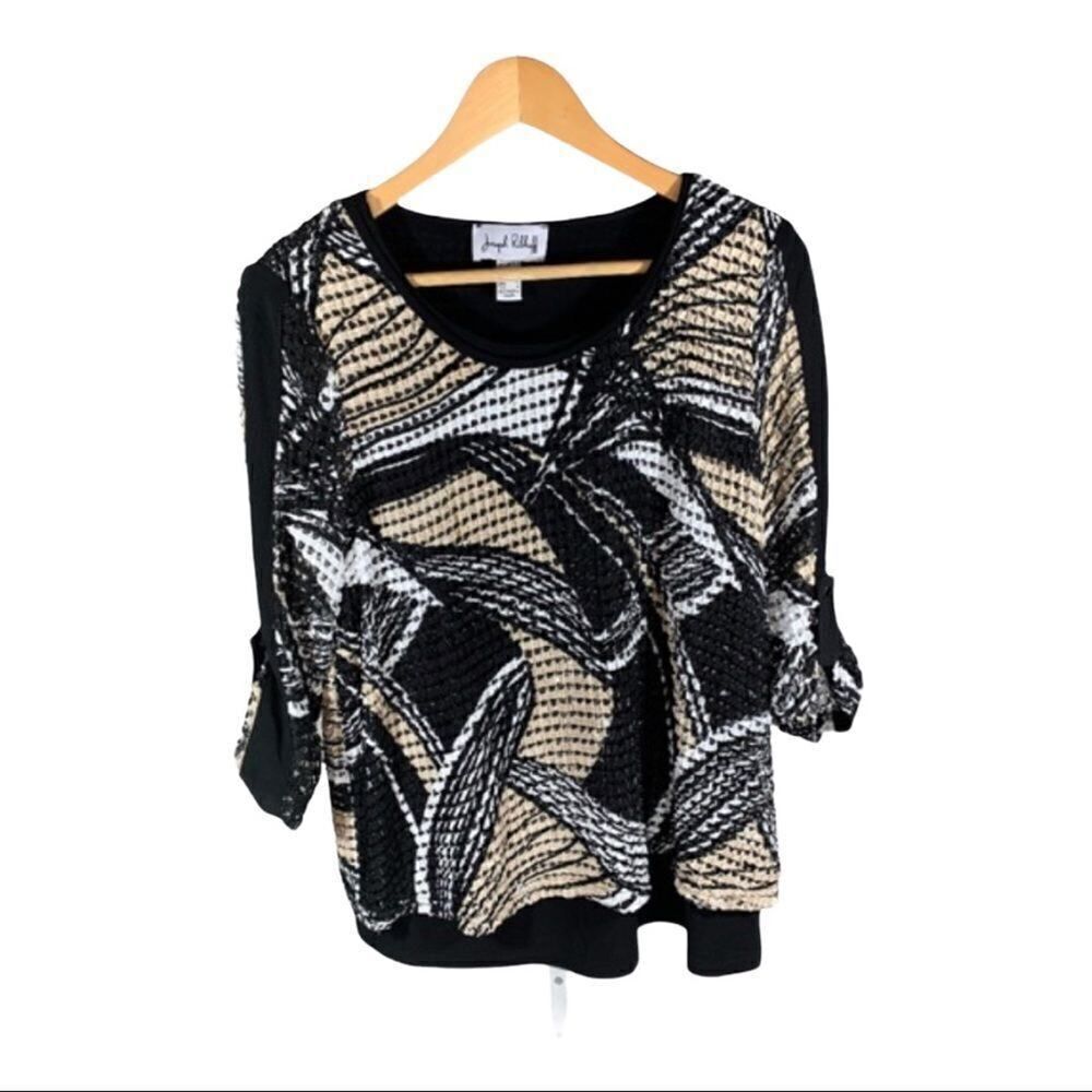 JOSEPH RIBKOFF Women’s Net Scoop Neck Tunic Top Black/Tan/White Size 8
